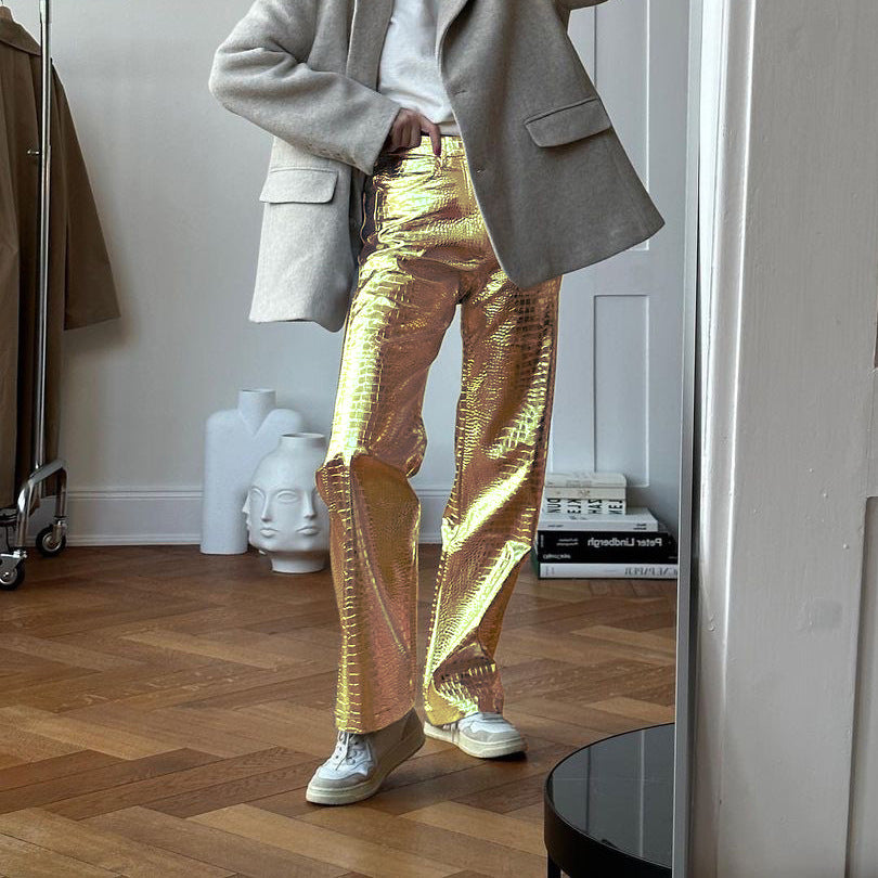 Silver Croc Embossed Faux Leather High Waist Straight Pants