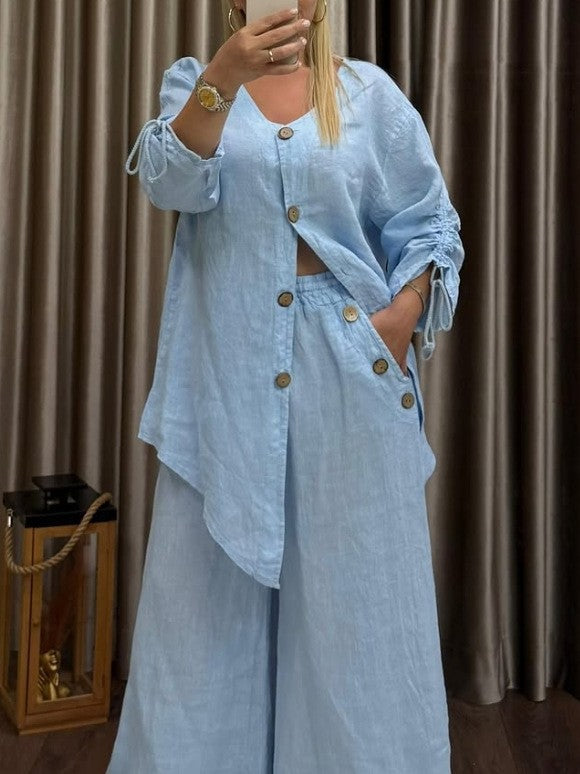 Women's Linen Two Piece Cardigan Wide Leg Pants Set
