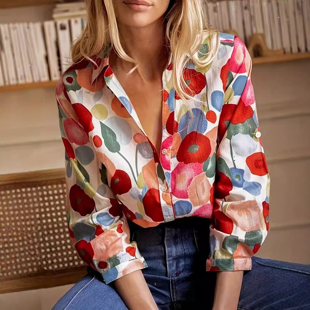 Women's Vibrant Floral Collared Long Sleeve Blouse