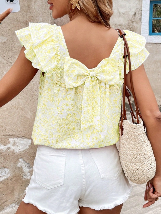Floral Print Flutter Sleeve Blouse Square Neck Summer Top