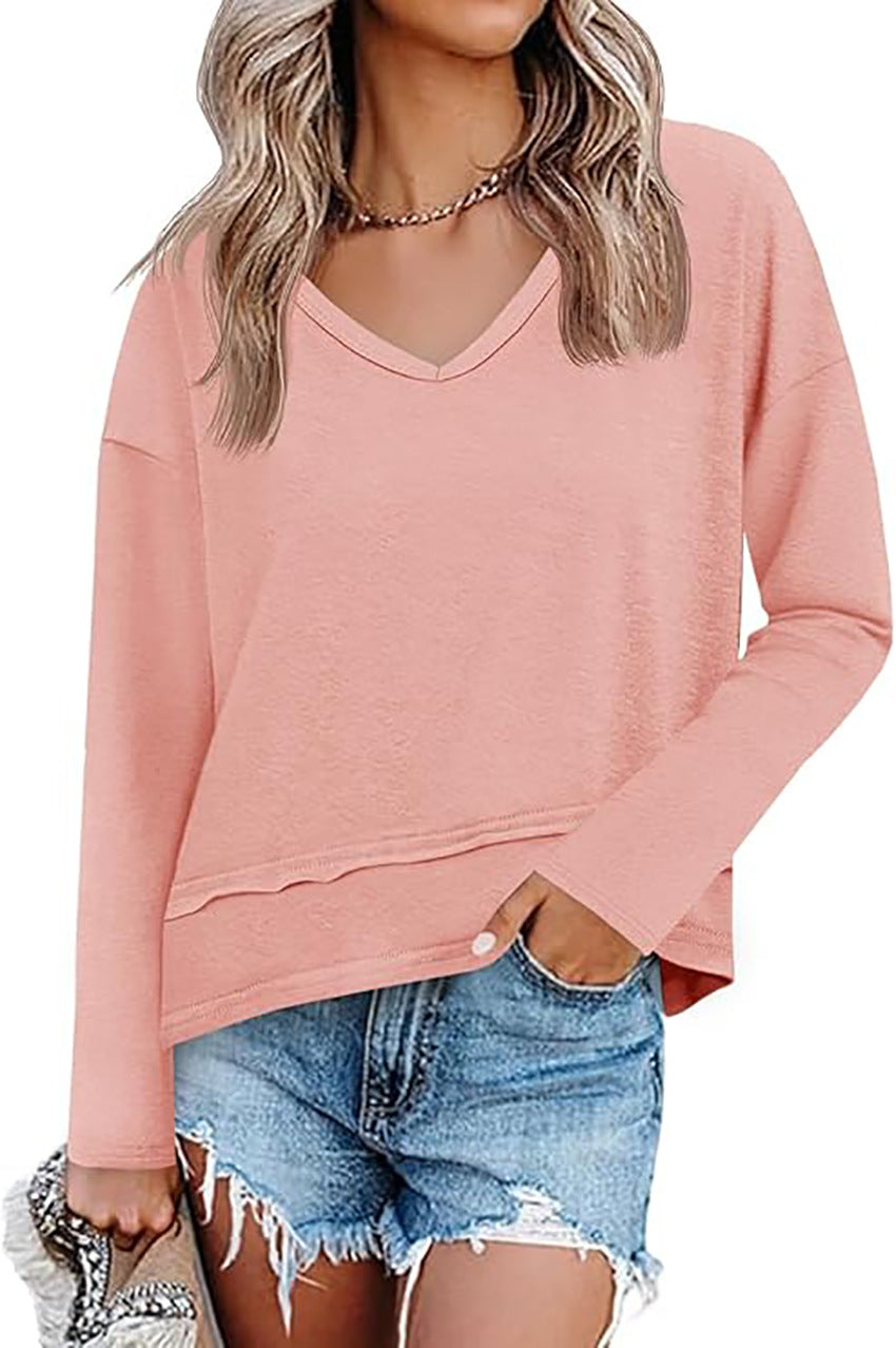 Women's V Neck Long Sleeve Casual Loose Pullover Top