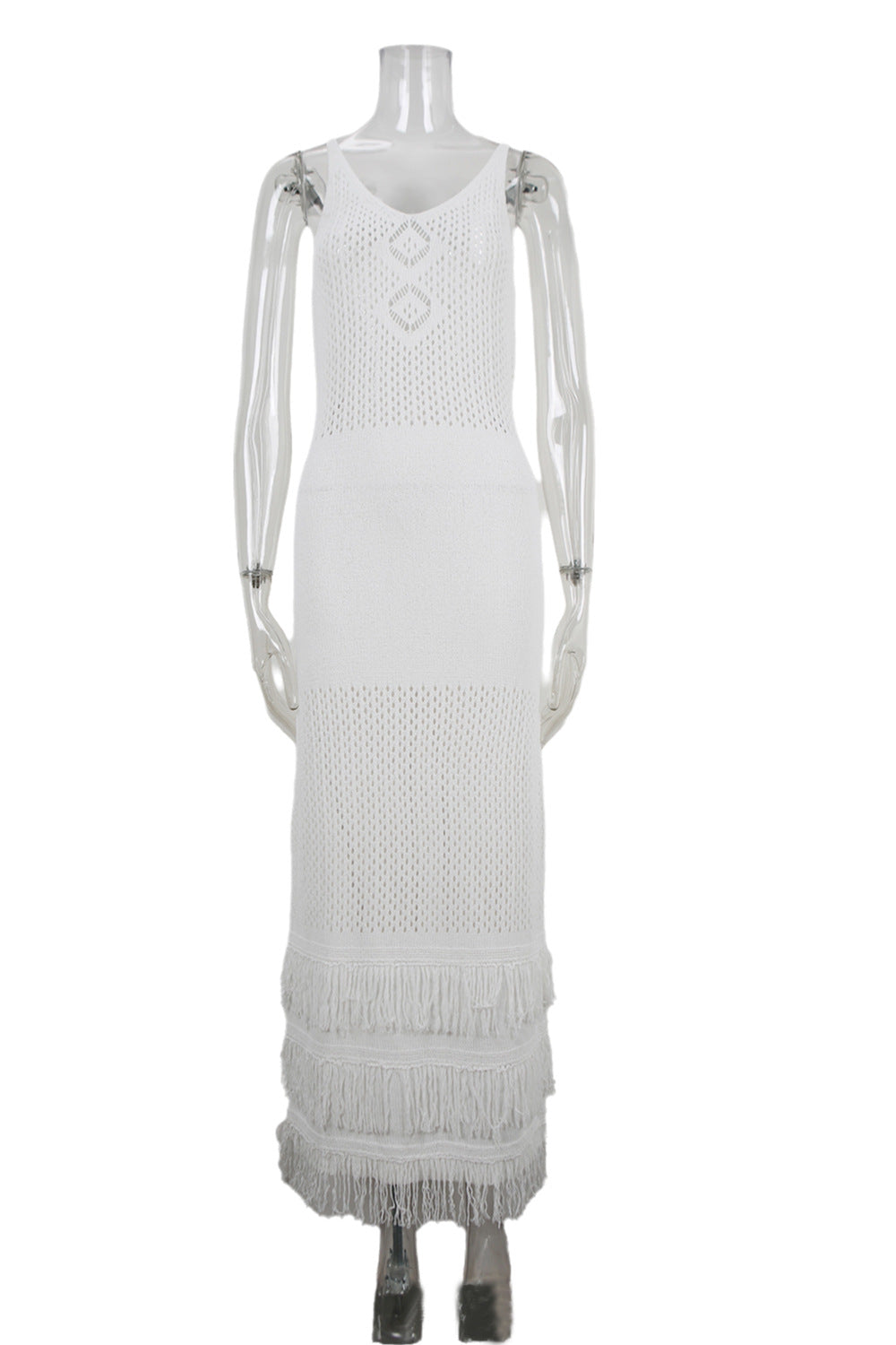 Crochet Fringe Maxi Cover Up Dress Sleeveless Resort Wear