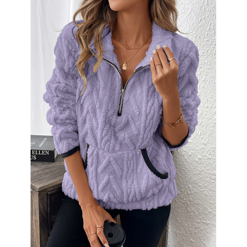 Jacquard Half Zip Plush Pullover Collared Sweatshirt