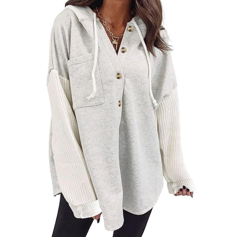 2025 Fall/Winter Colorblock Knit Sleeve Hoodie – Casual Button Down Top