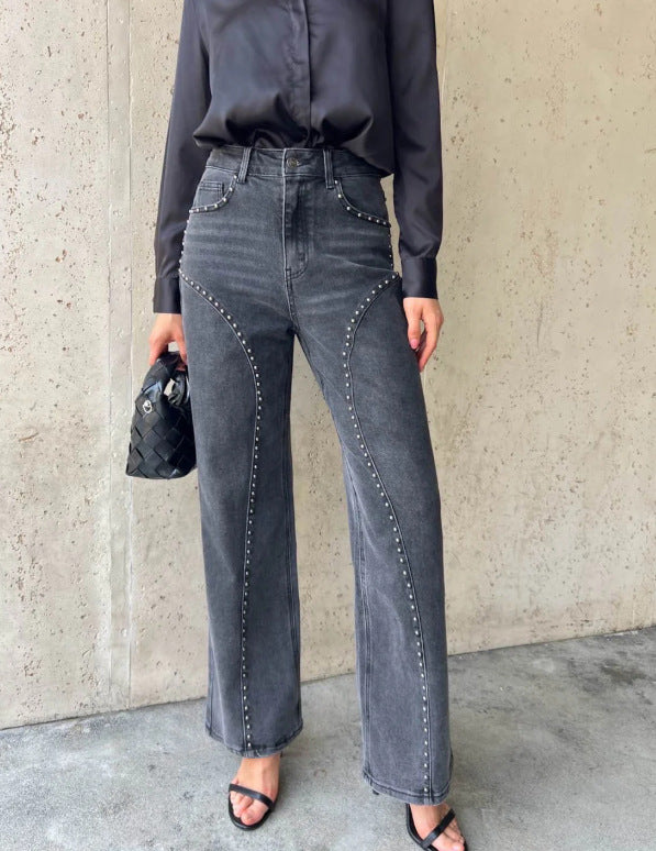 Pearl Embellished High Waist Wide Leg Jeans