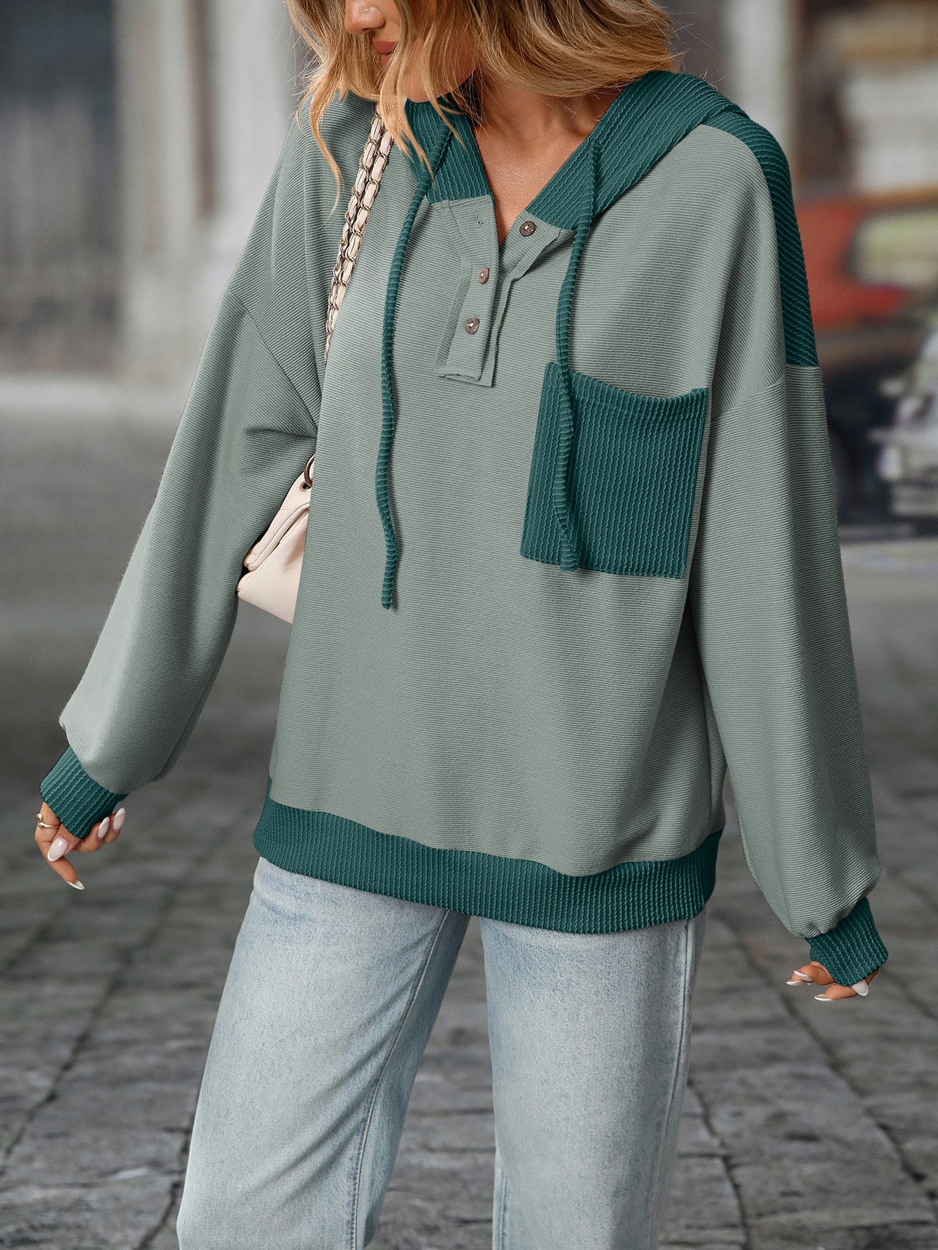 2025 Fall/Winter Colorblock Knit Trim Hoodie – Casual Pullover Sweatshirt