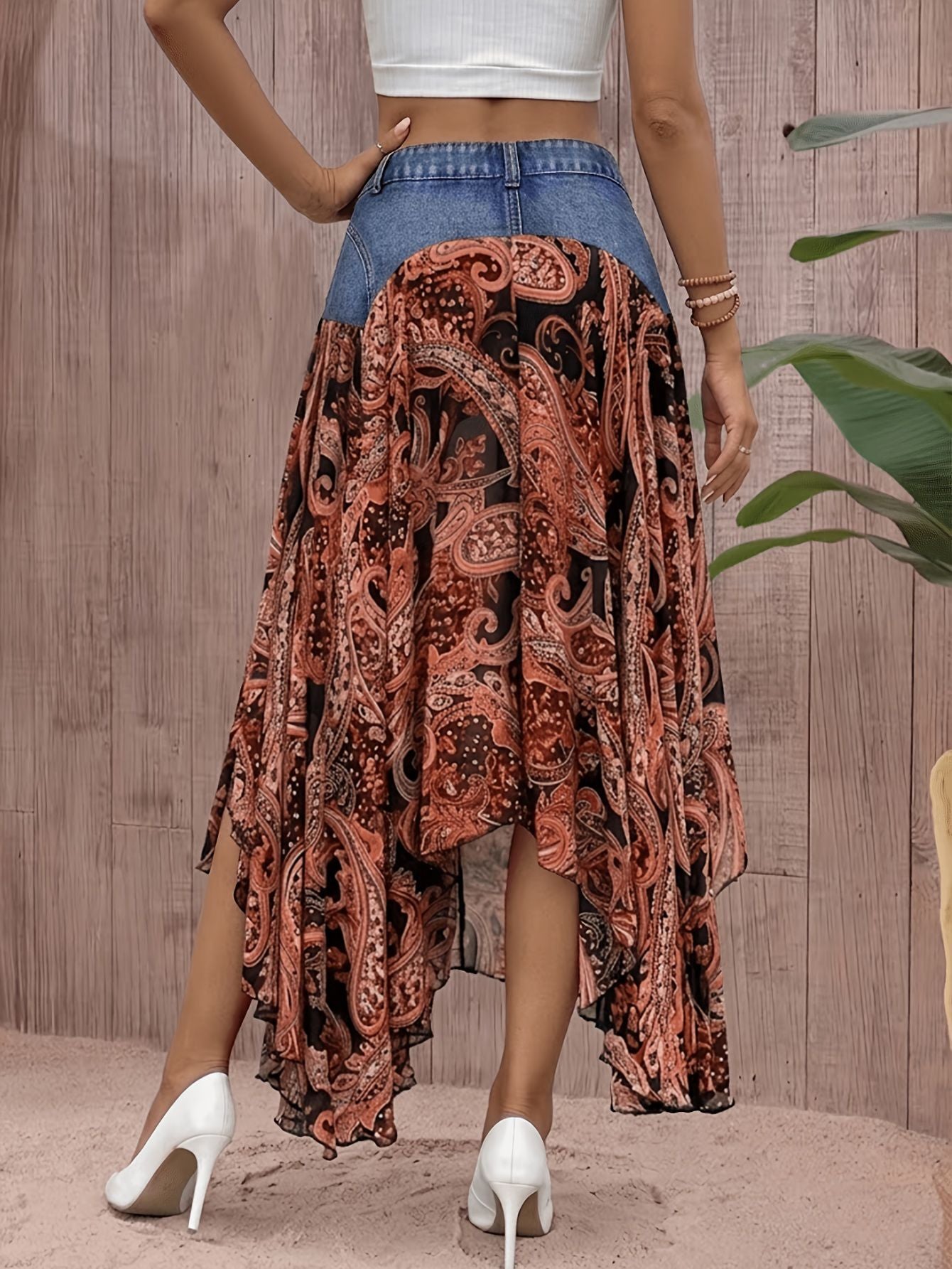 Women's Denim Patchwork Printed Boho Maxi A-Line Skirt
