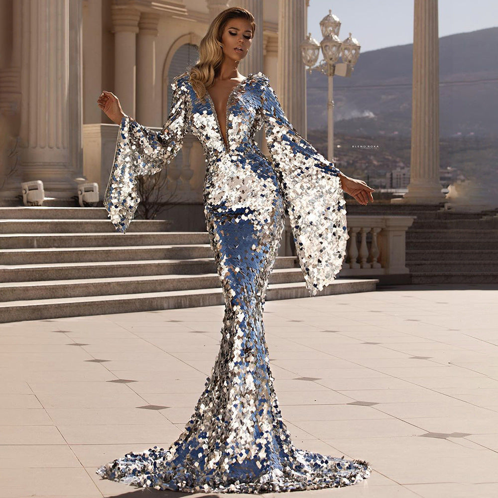 Silver Sequin Bell Sleeve Mermaid Evening Gown