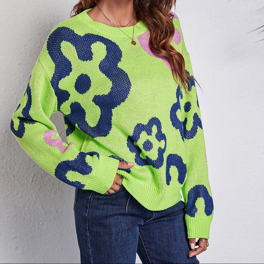 Oversized Floral Colorblock Knit Sweater Crewneck Pullover