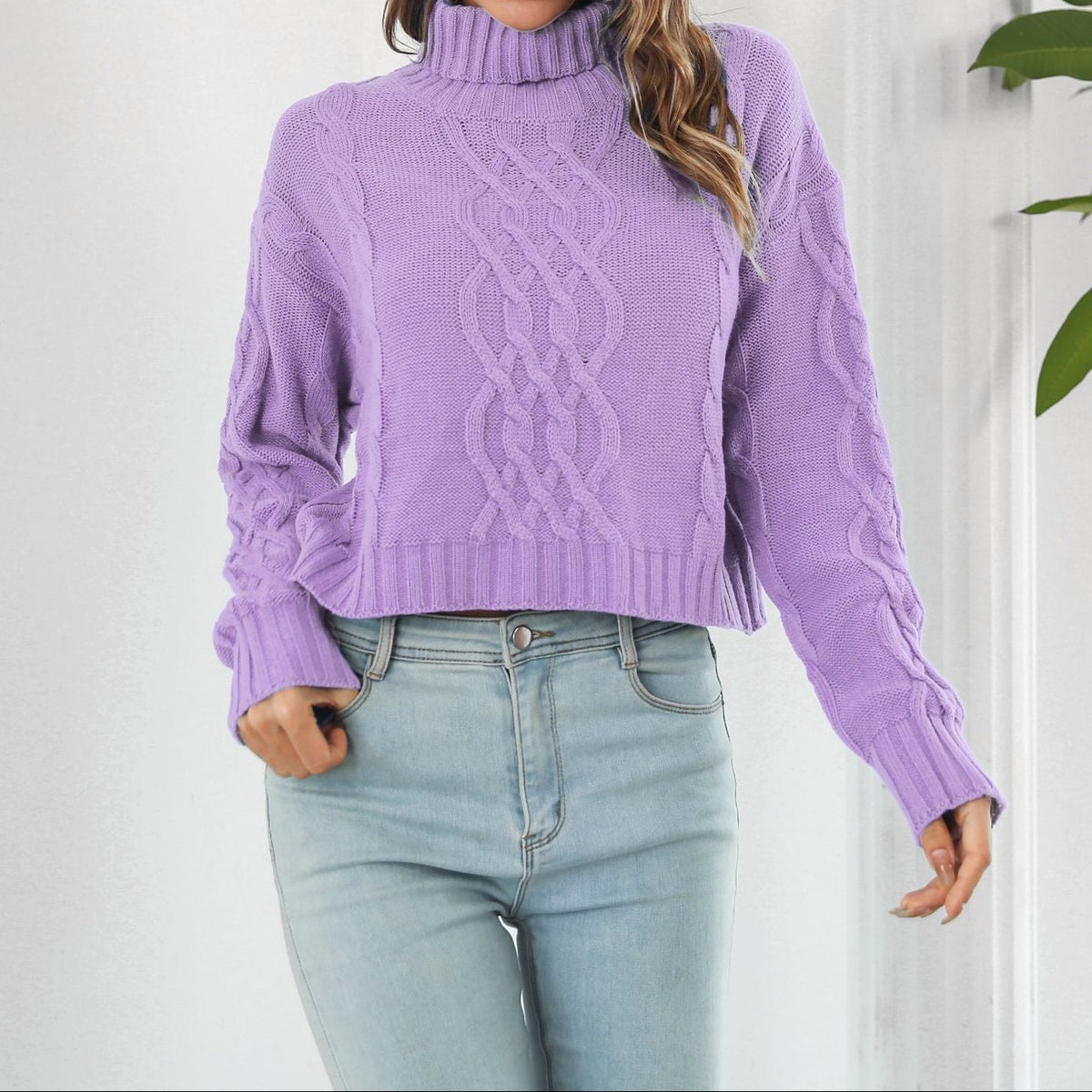 Women's Oversized Cable Knit Turtleneck Crop Sweater