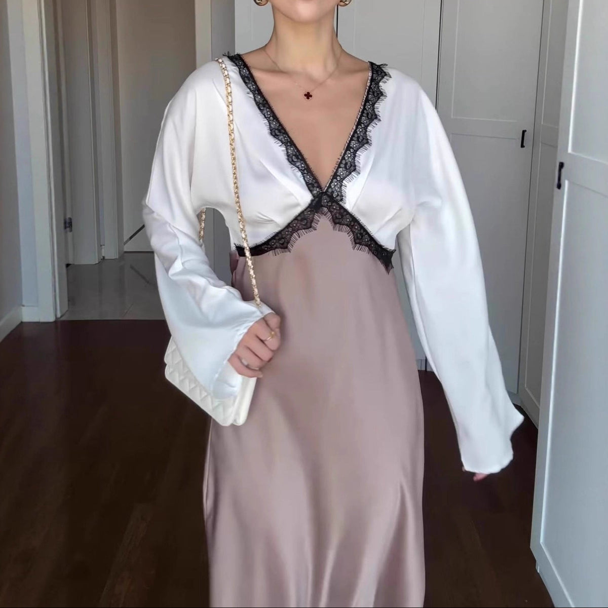 Satin Maxi Dress Lace Trim V-Neck Long Sleeve