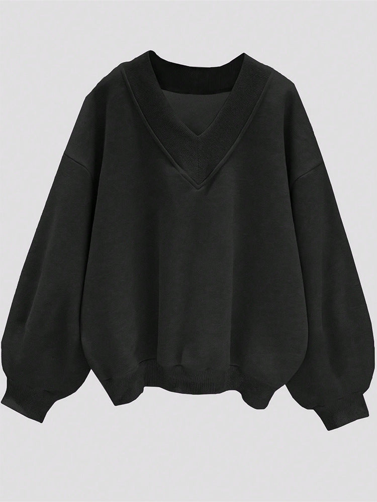 Colorblock V Neck Fleece Sweatshirt Women Casual Pullover Top