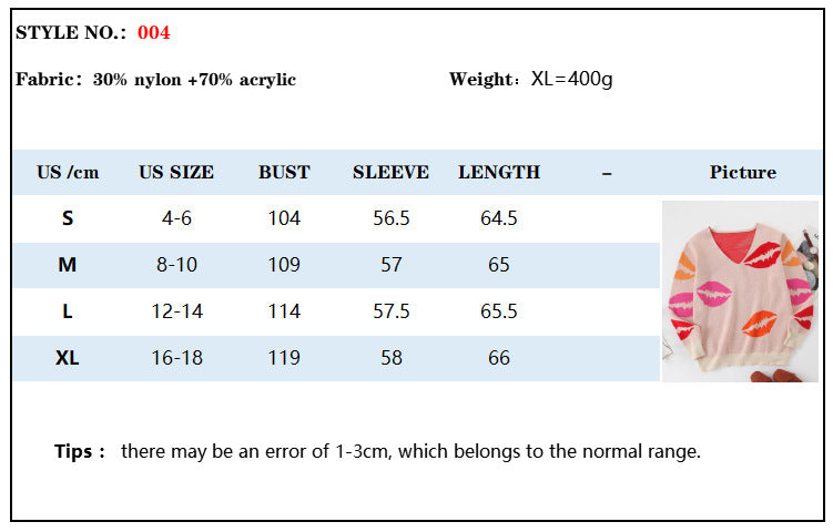Women’s V-Neck Knit Sweater with Colorful Lip Print