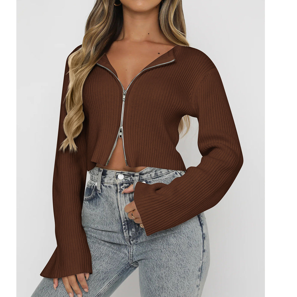 Women’s Ribbed Zip-Up Cropped Sweater with Flare Sleeves