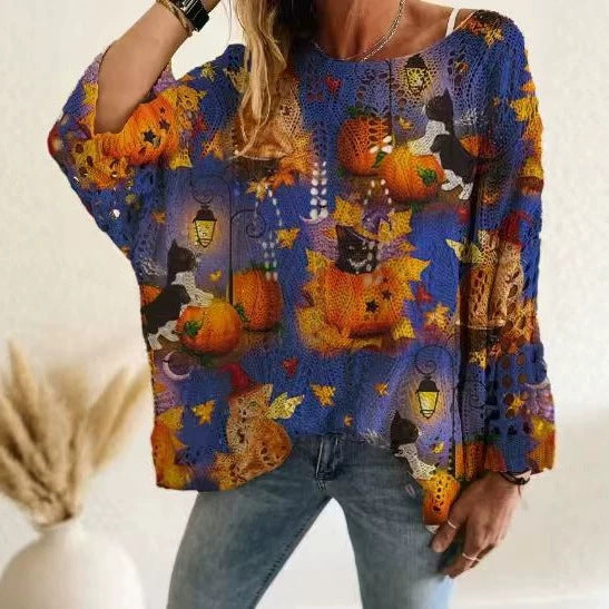 Off Shoulder Crochet Halloween Pumpkin Bat Sweater