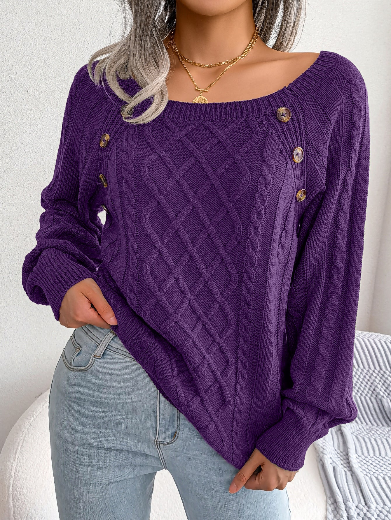 2025 Fall Winter Casual Square Neck Button Detail Cable Knit Sweater