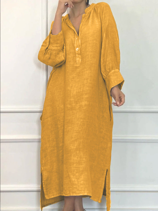 Linen Blend Long Sleeve Button Down Maxi Dress Pockets