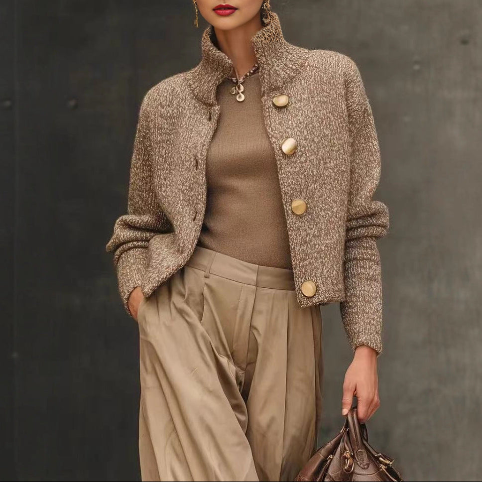 Women's Tweed High Neck Button Front Cardigan