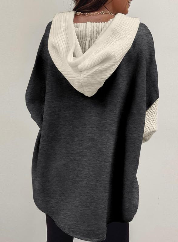 2025 Fall/Winter Colorblock Knit Sleeve Hoodie – Casual Button Down Top