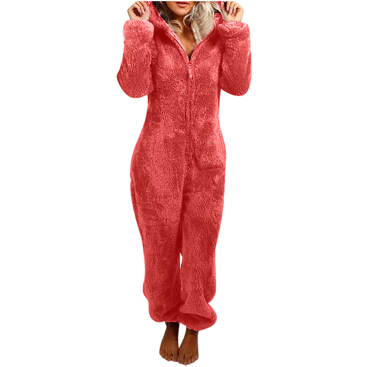 Women Sherpa Fleece Hooded Zip Up Jumpsuit