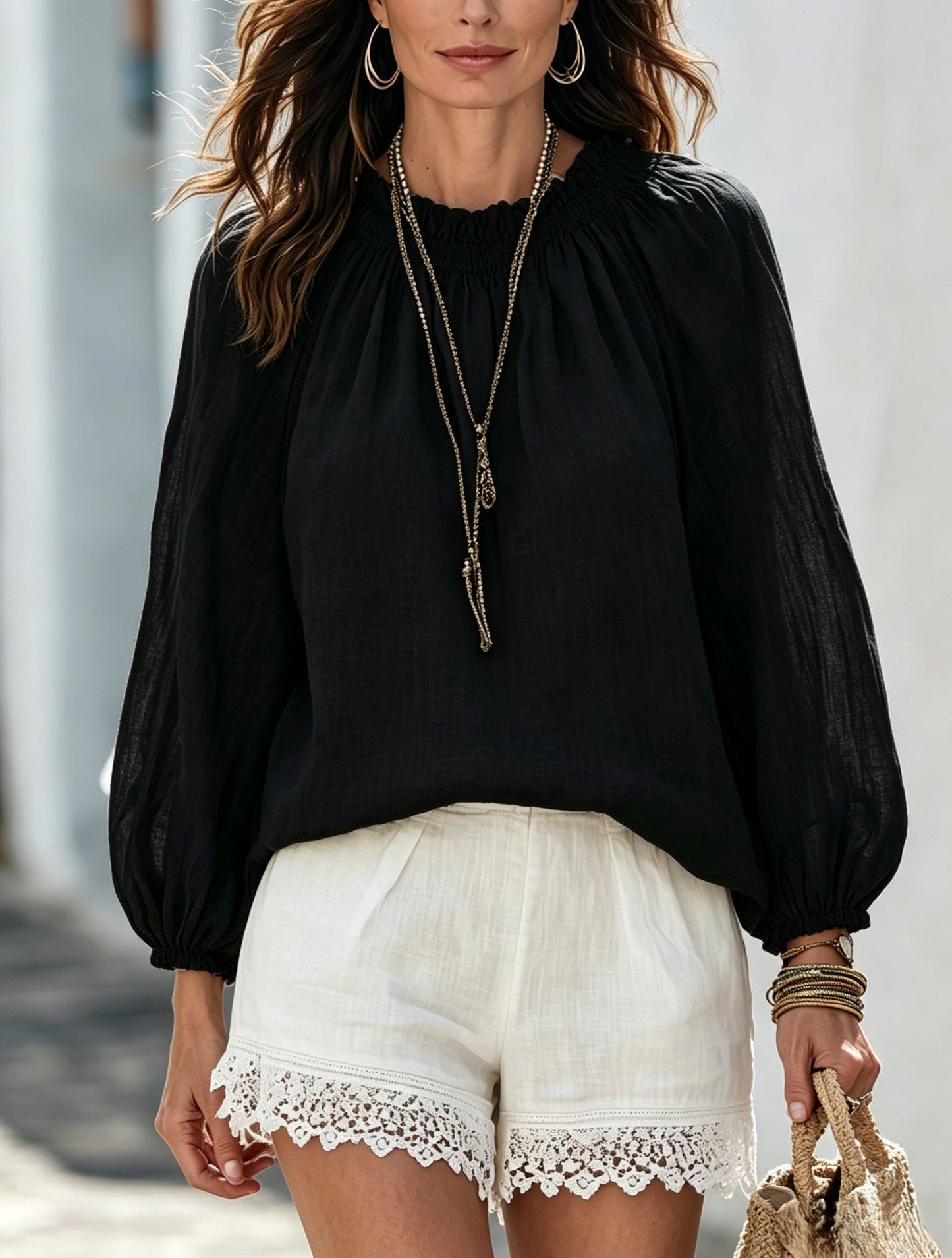 Women's Balloon Sleeve Blouse Solid Casual Boho Top