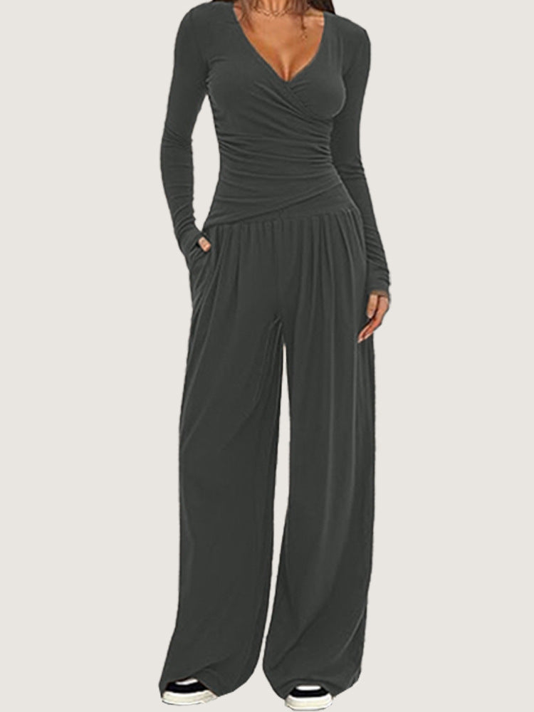 Women's 2 Piece V Neck Wide Leg Pants Lounge Set