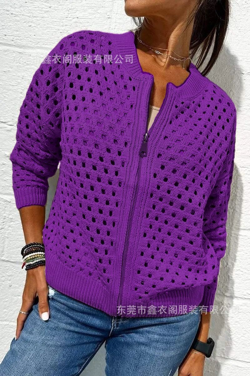Women's Open Knit Zip Up Cardigan Sweater