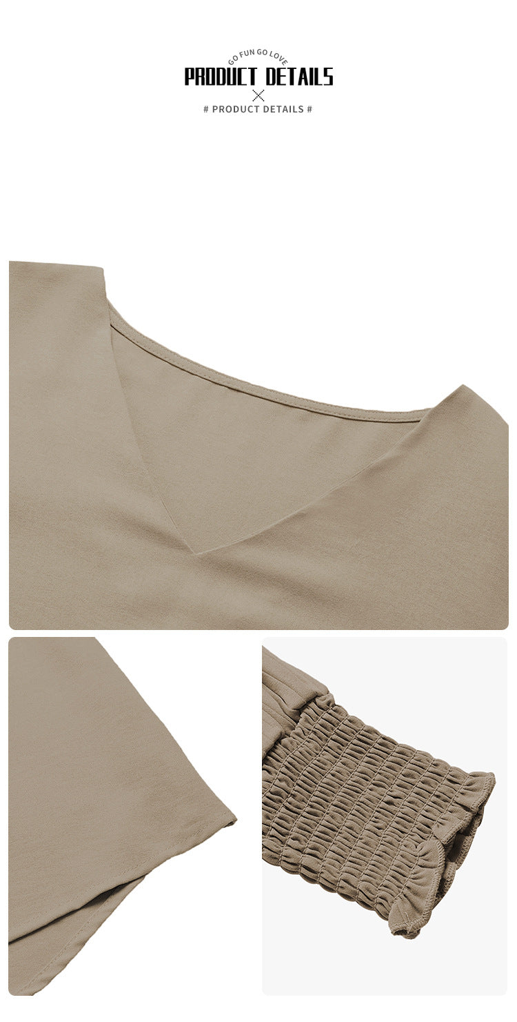 Solid V Neck Blouse Pleated Lantern Sleeve Work Top