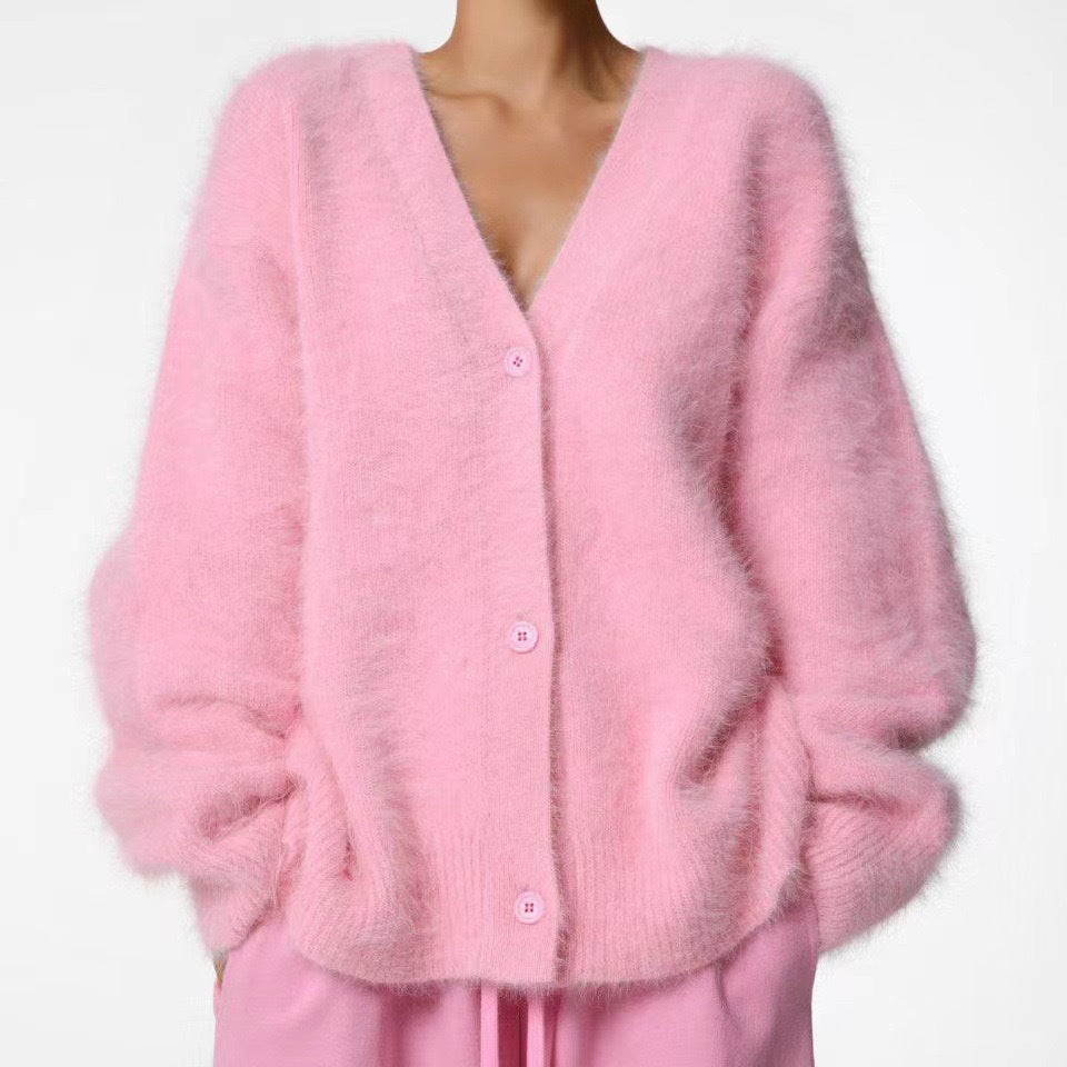 Oversized Fuzzy V-Neck Cardigan Sweater