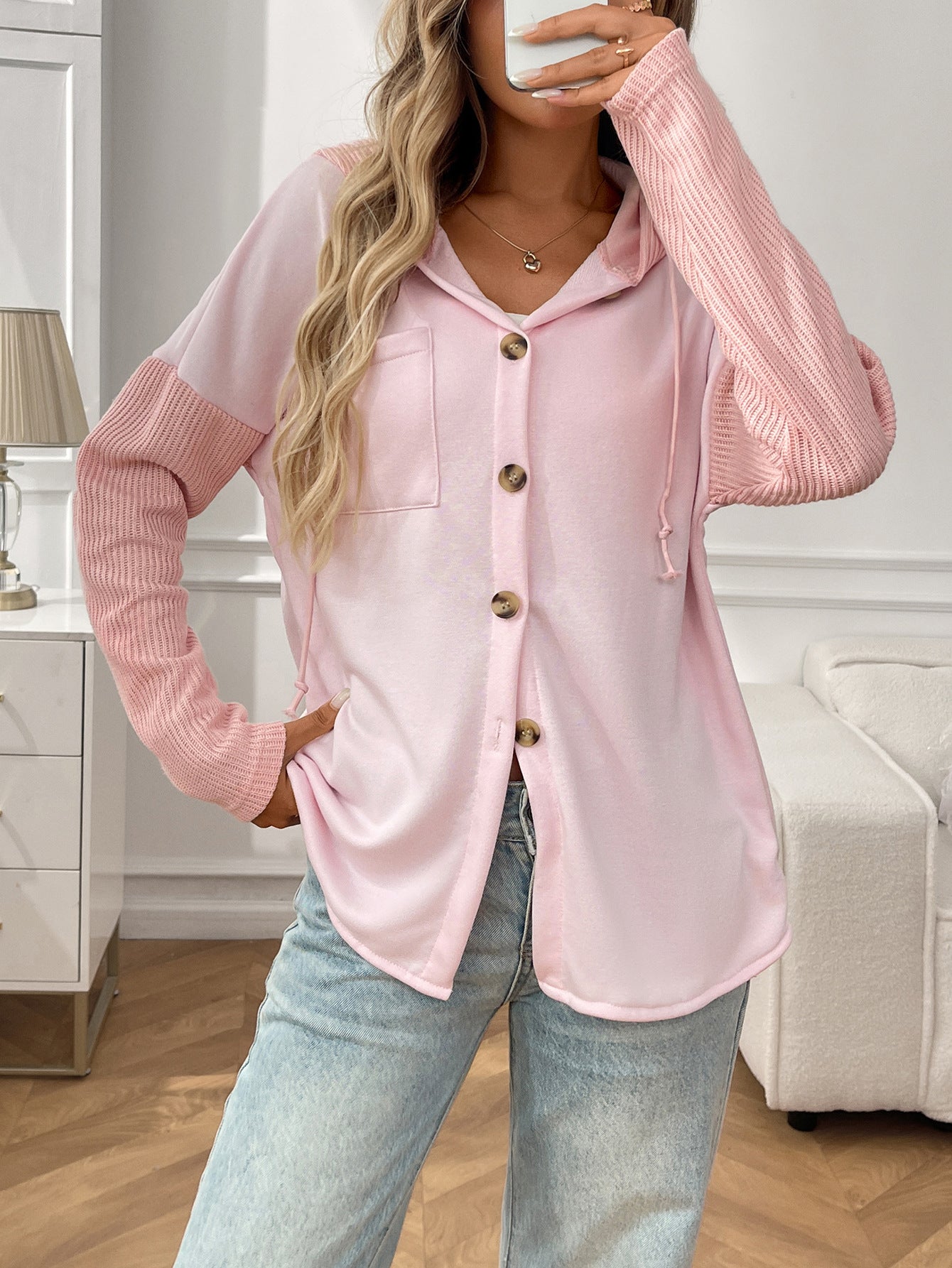 2025 Fall/Winter Colorblock Knit Sleeve Hoodie – Casual Button Down Top