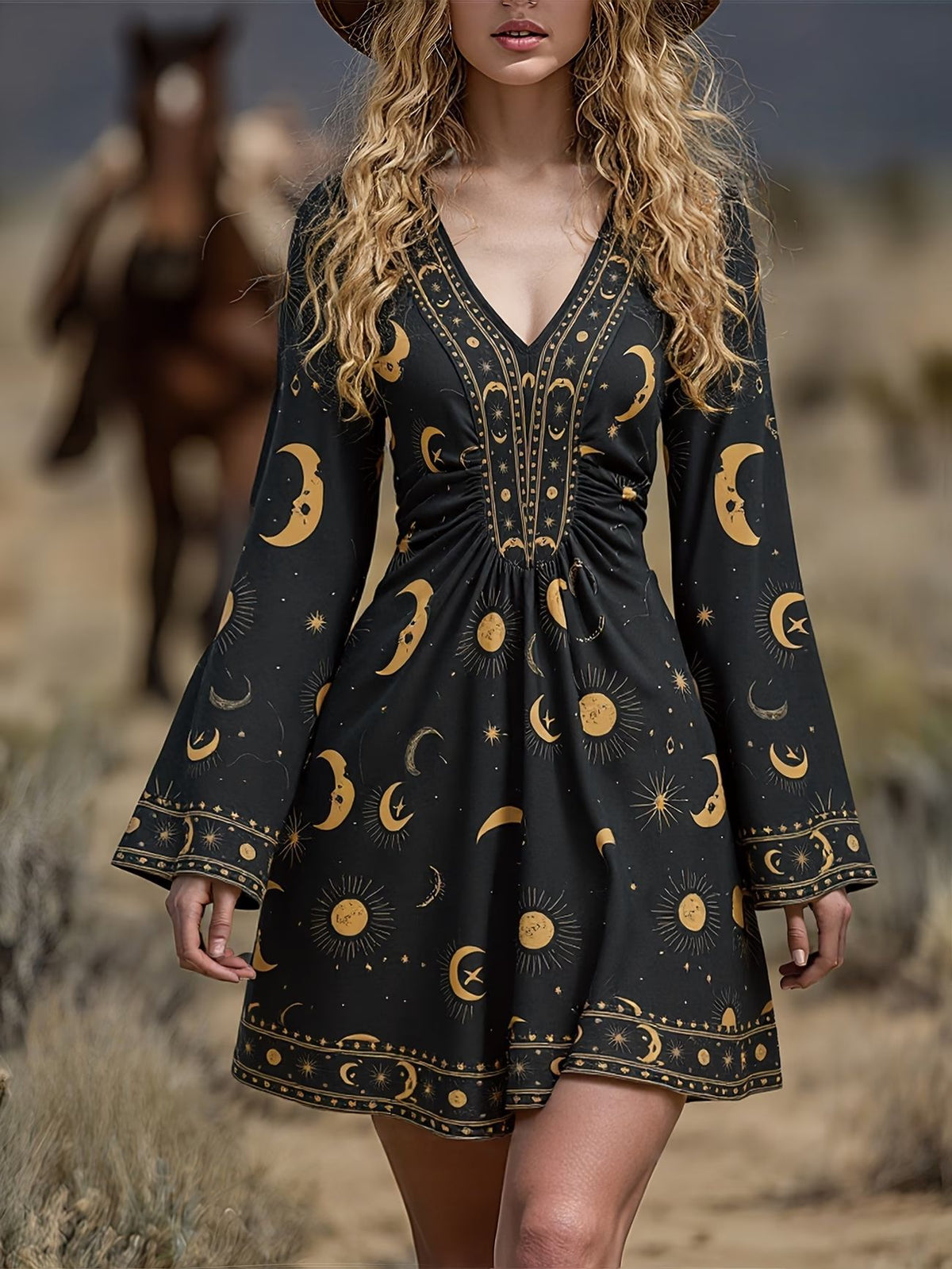Boho Vintage V-Neck Bell Sleeve A-Line Mini Dress