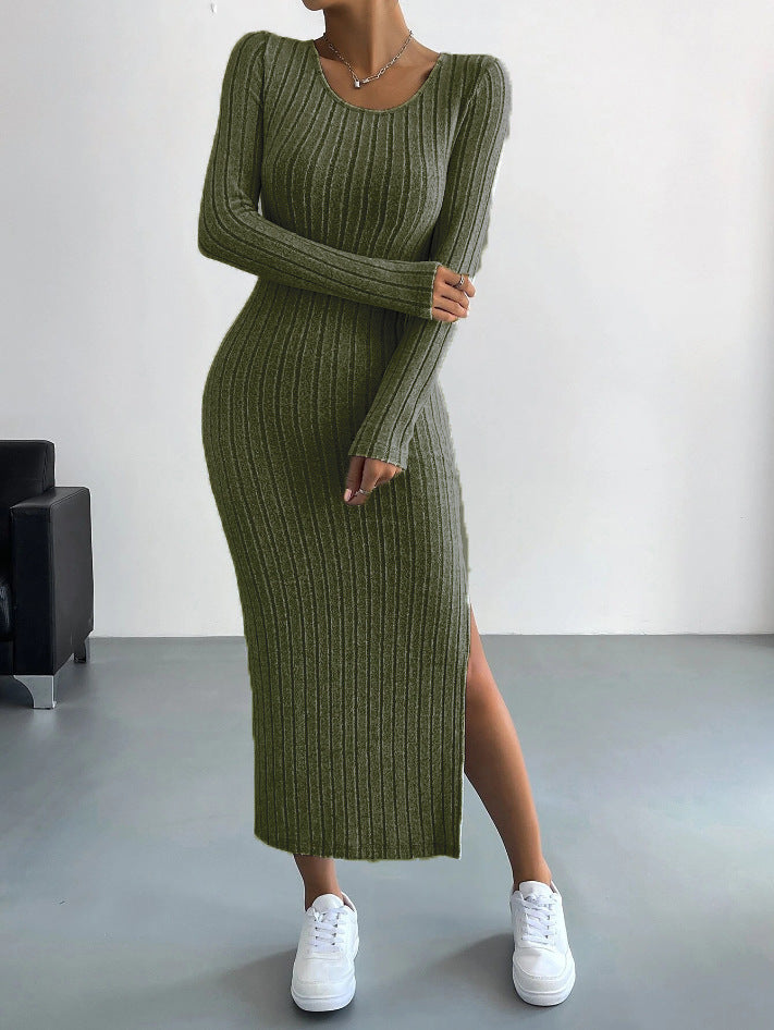 Ribbed Knit Long Sleeve Side Slit Bodycon Midi Dress