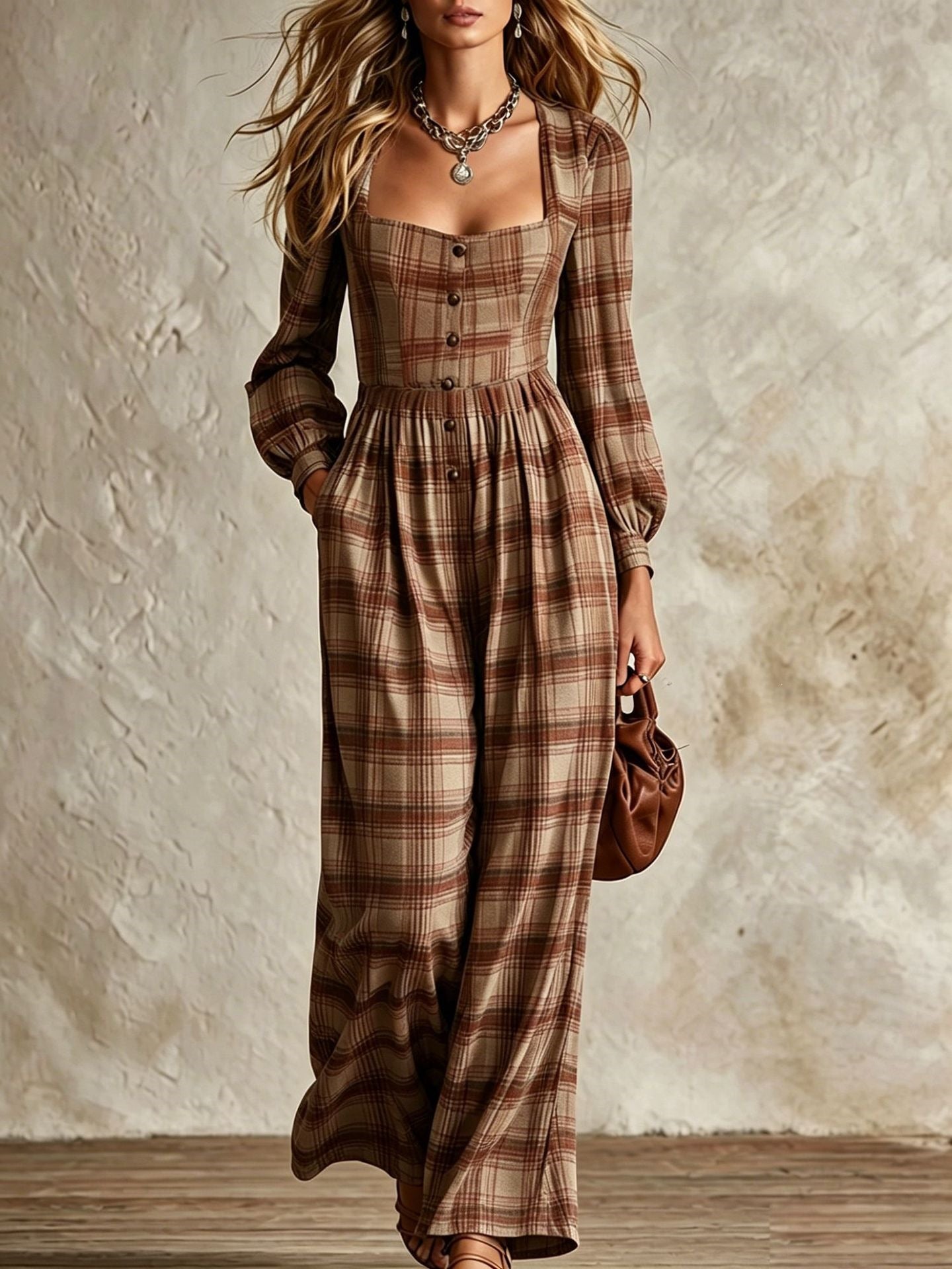 Vintage Plaid Square Neck Wide Leg Jumpsuit