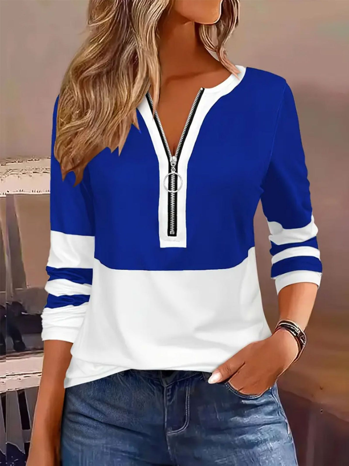 Women's Color Block Quarter Zip Long Sleeve Plus Size Top