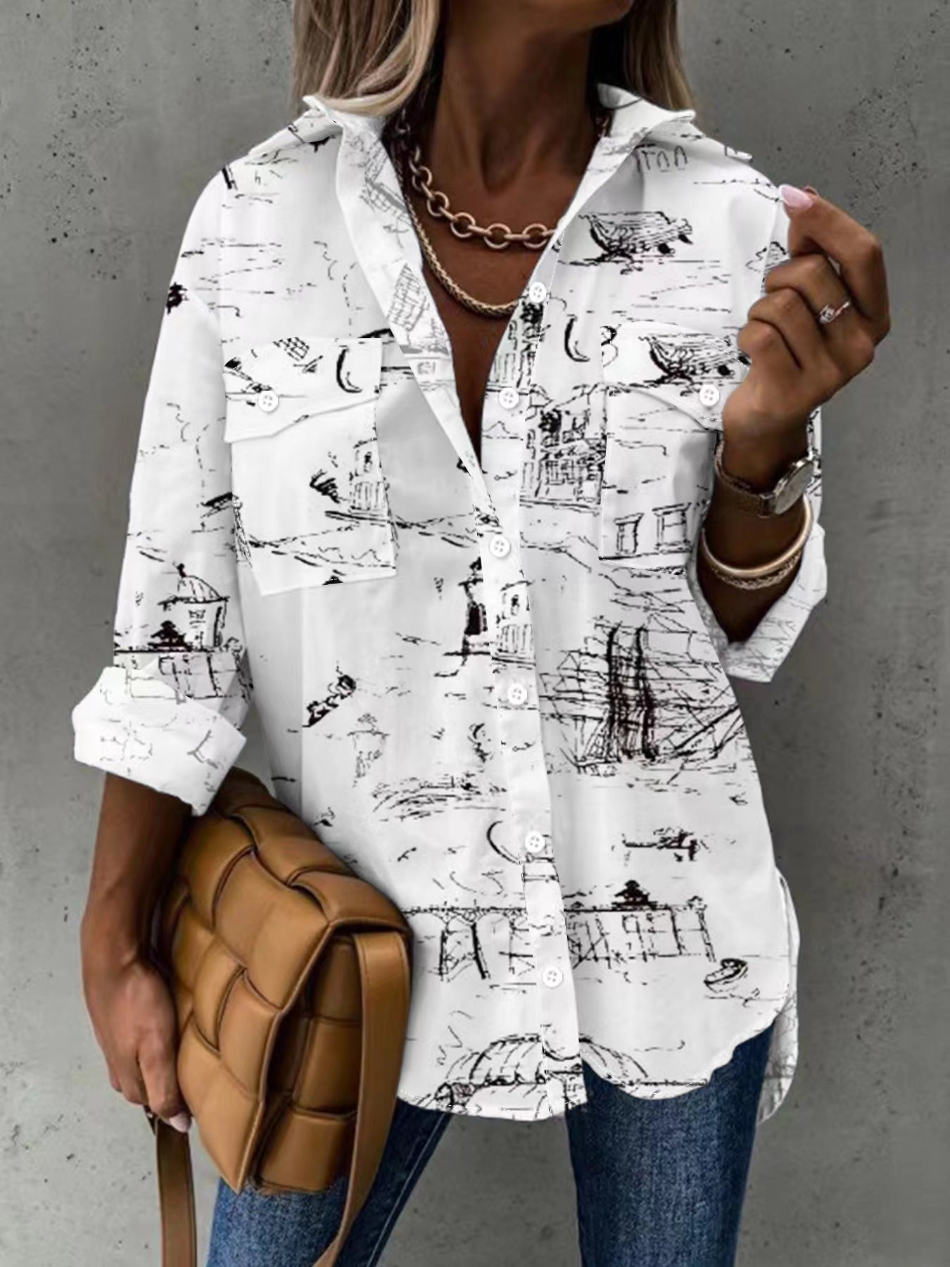 Oversized Scenic Sketch Button Down Pocket Shirt