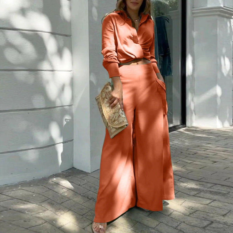 Women's 2 Piece Collared Shirt Wide Leg Pants Set