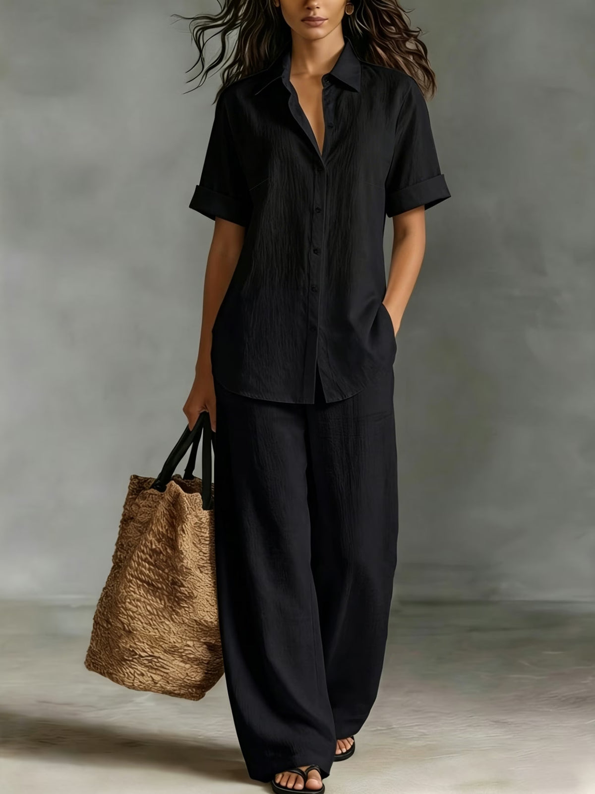 Women's Linen Look Shirt Wide Leg Pants Matching Set