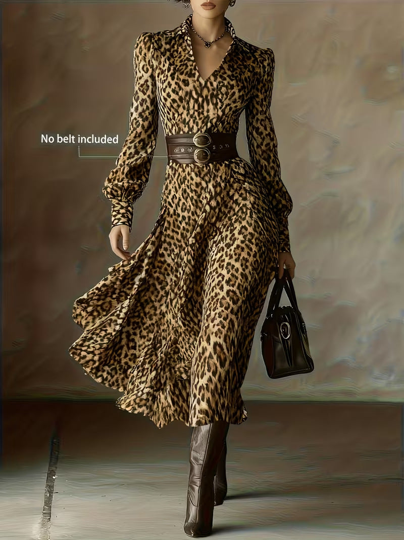 Casual V-Neck Long Sleeve Printed Maxi Dress Belted