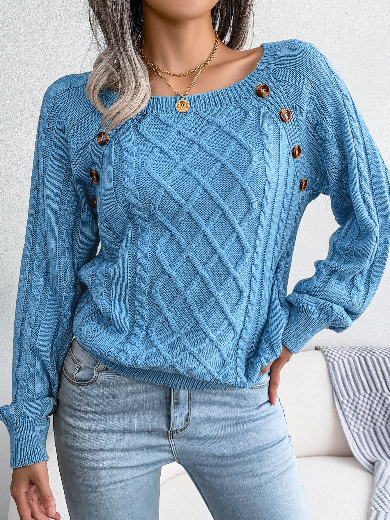 2025 Fall Winter Casual Square Neck Button Detail Cable Knit Sweater