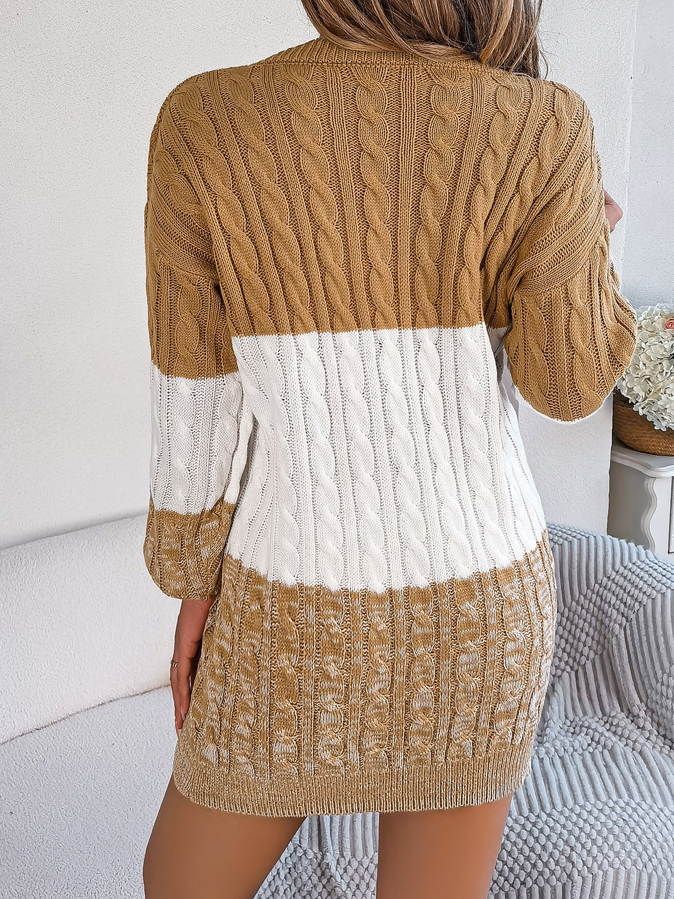 2025 Fall Winter Colorblock Cable Knit Lantern Sleeve Sweater Dress