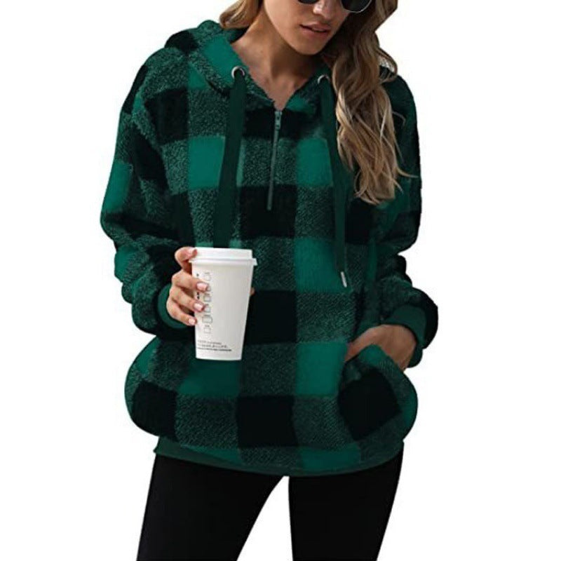Women's Buffalo Plaid Sherpa Hoodie Fleece Pullover