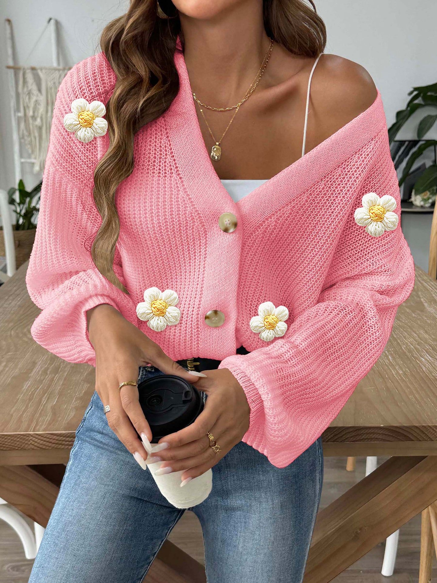 Floral Button-Up Cardigan | Cozy Crochet Trim Sweater