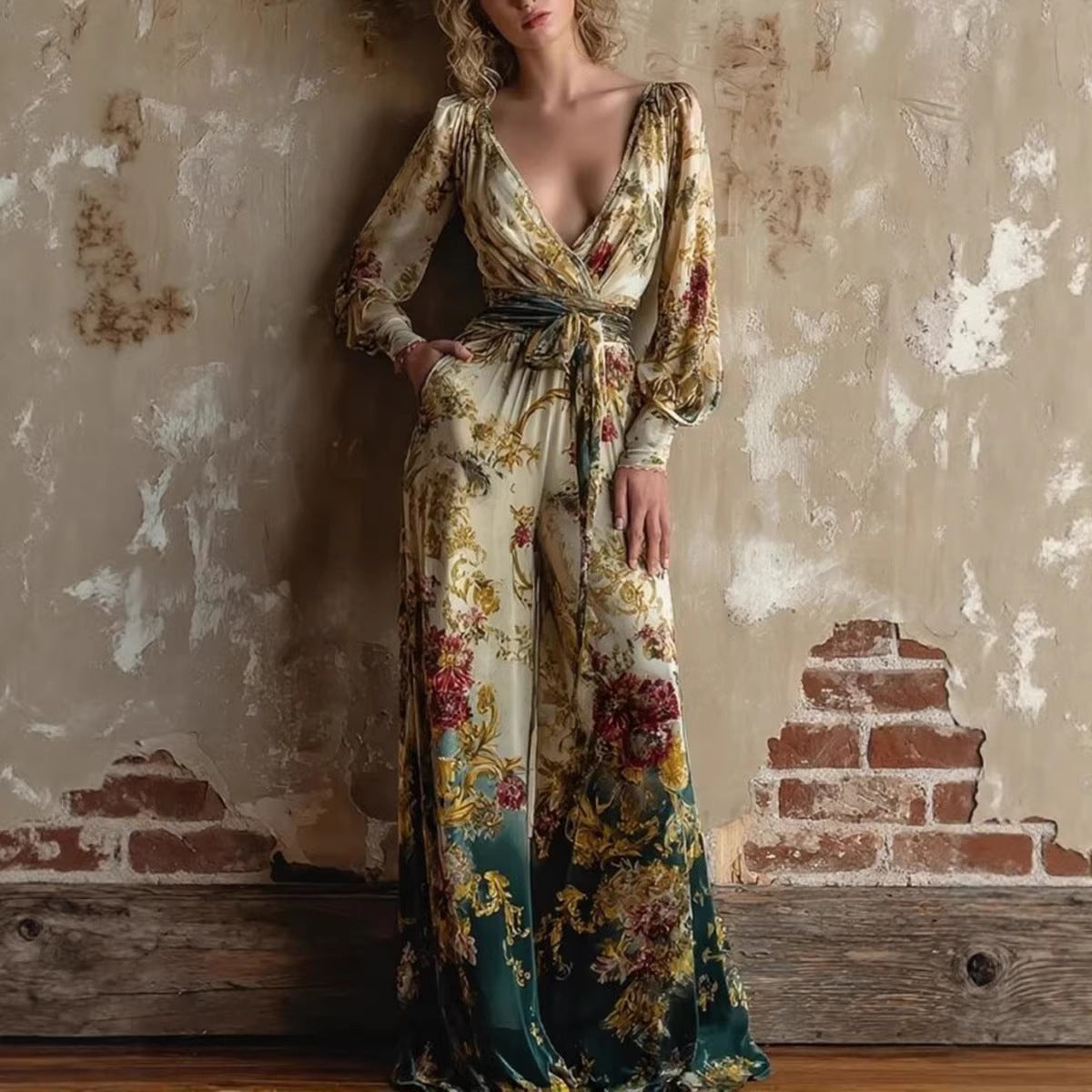 Deep V Floral Wide Leg Jumpsuit Balloon Sleeve Tie Waist