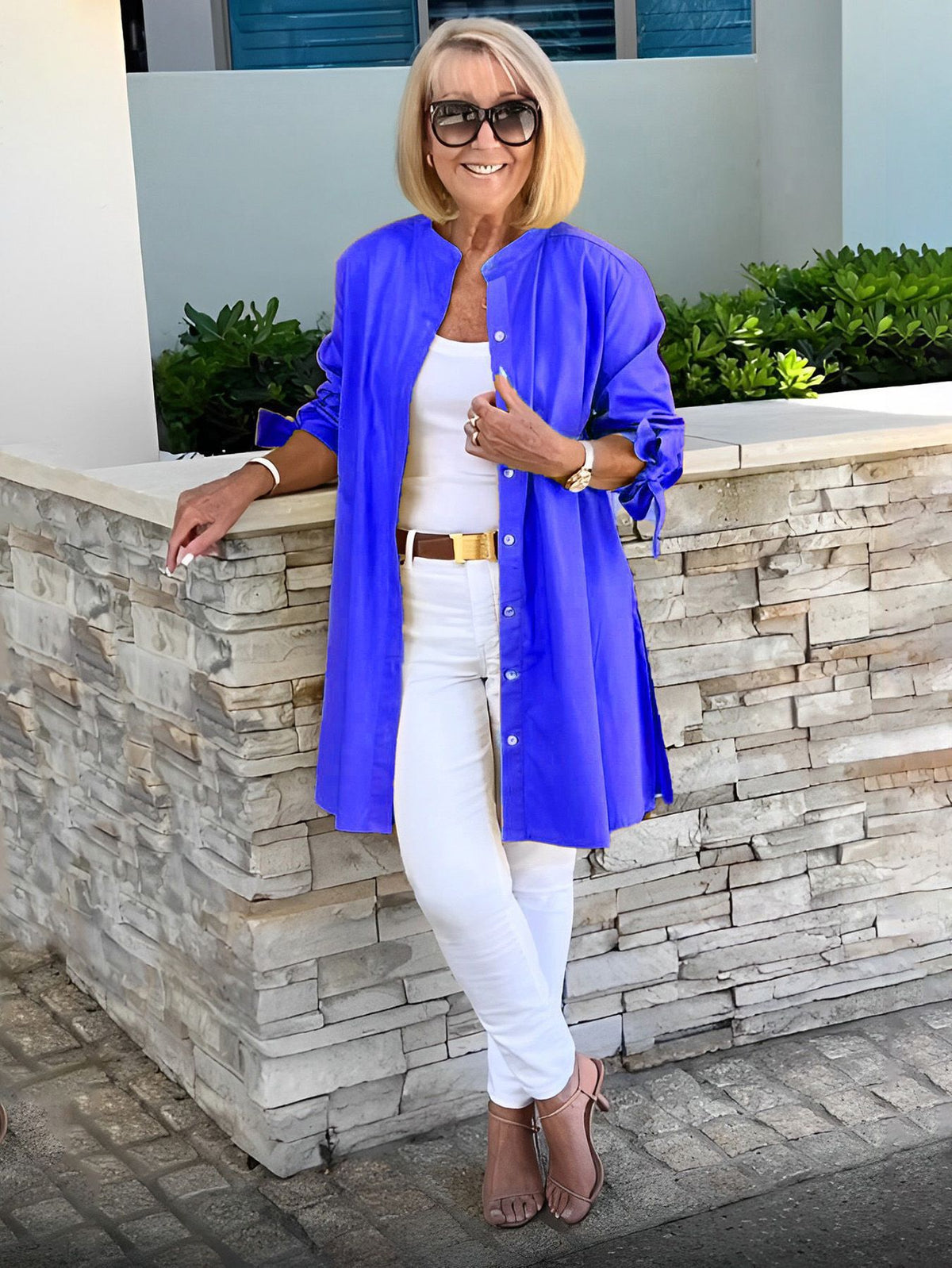 Women's Cotton Button Front Tie Sleeve Tunic Blouse