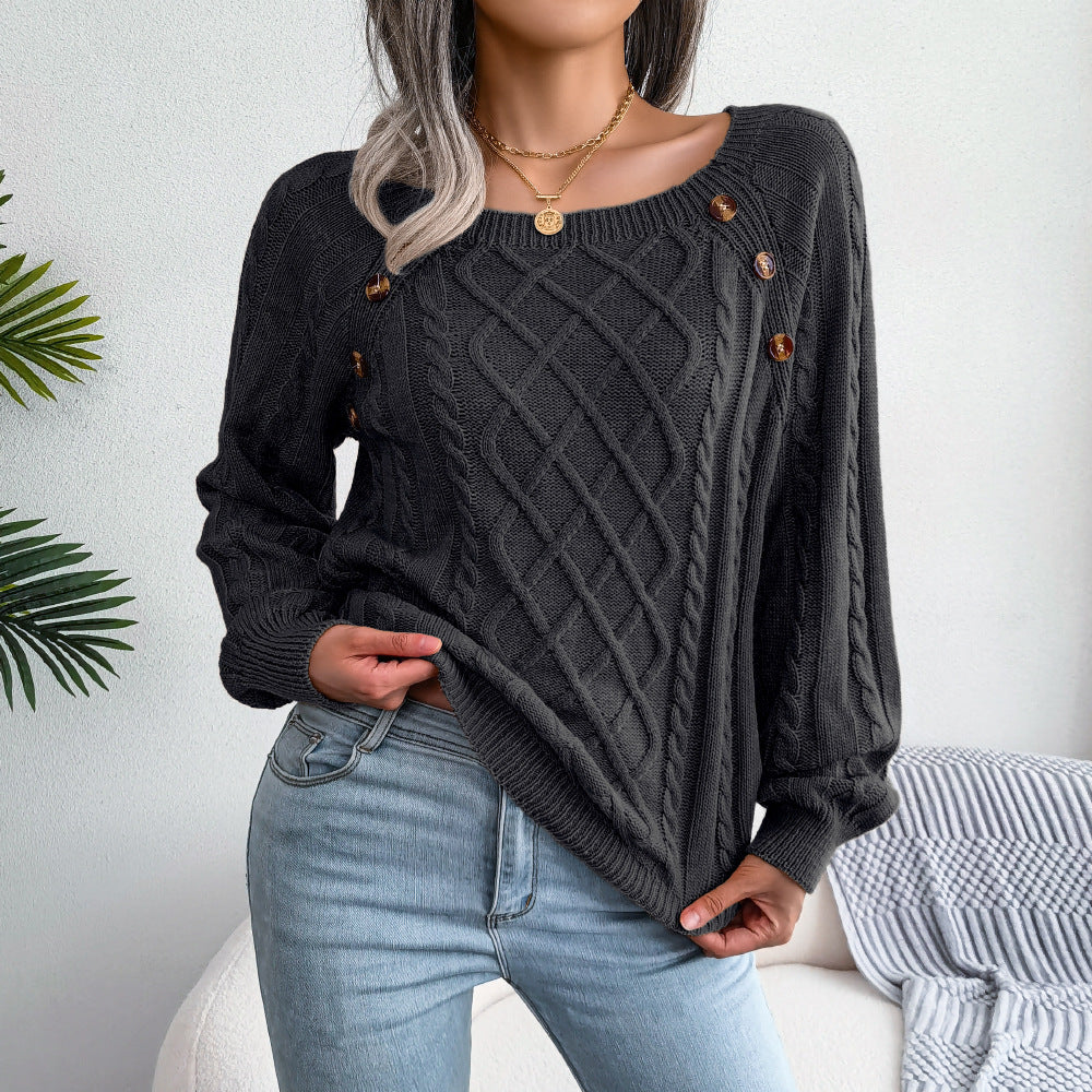 2025 Fall Winter Casual Square Neck Button Detail Cable Knit Sweater