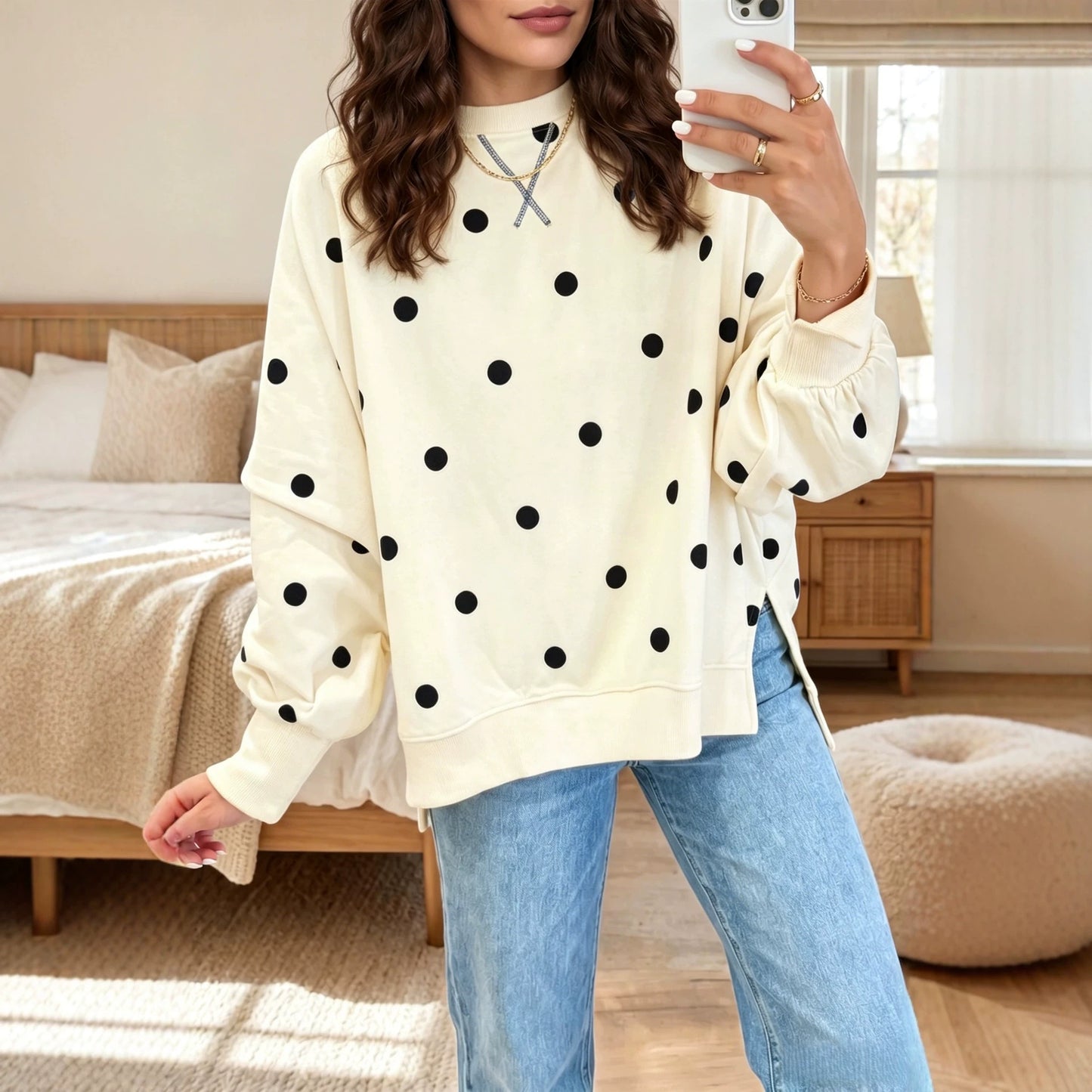 Polka Dot Oversized Sweatshirt Casual Crewneck Pullover
