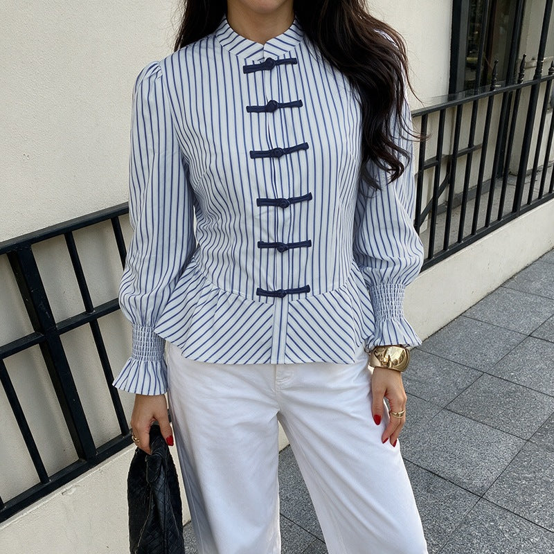 Chinoiserie Striped Mandarin Collar Frog Button Blouse