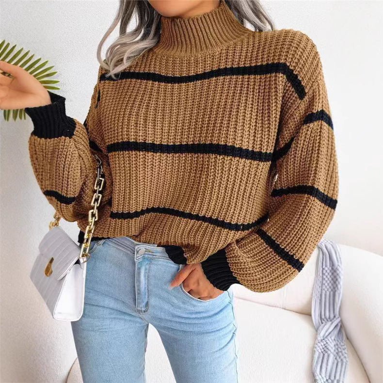 Women's Chunky Striped Mock Neck Balloon Sleeve Sweater