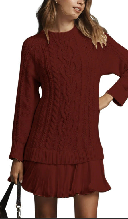 Cable Knit Pleated Mini Sweater Dress