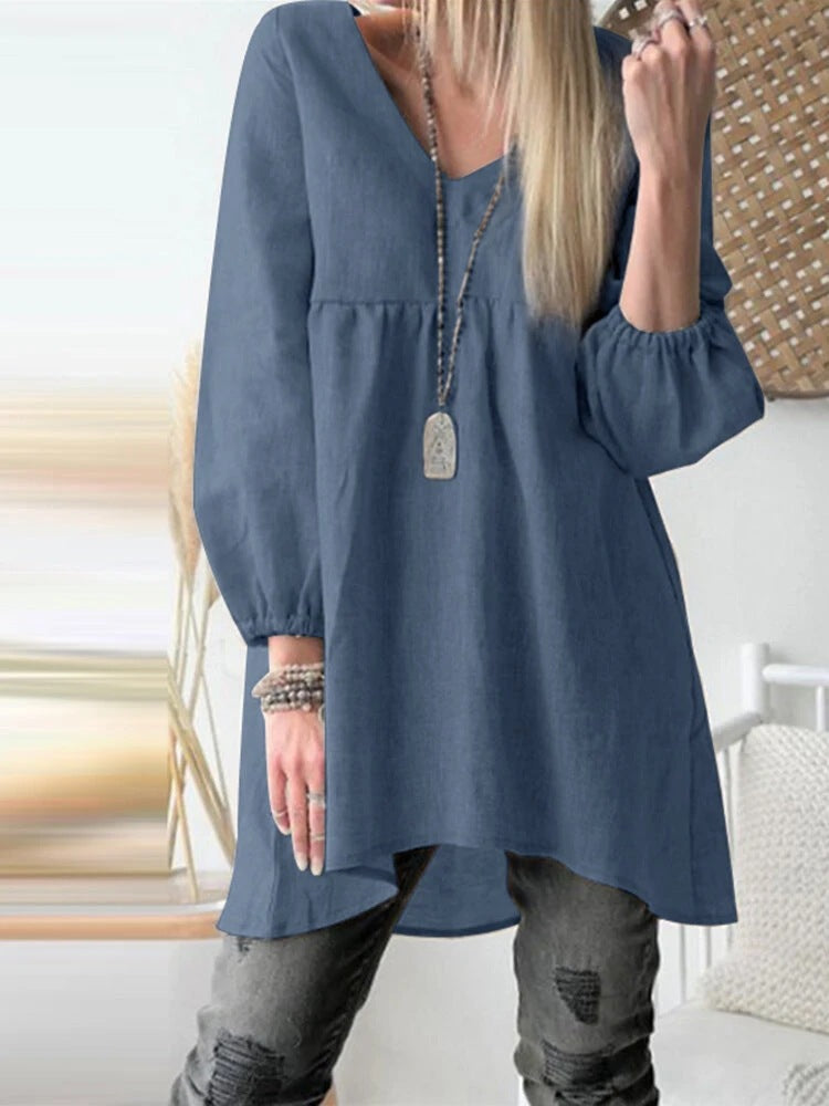 Women's V-Neck Balloon Sleeve Cotton Blend Tunic Top